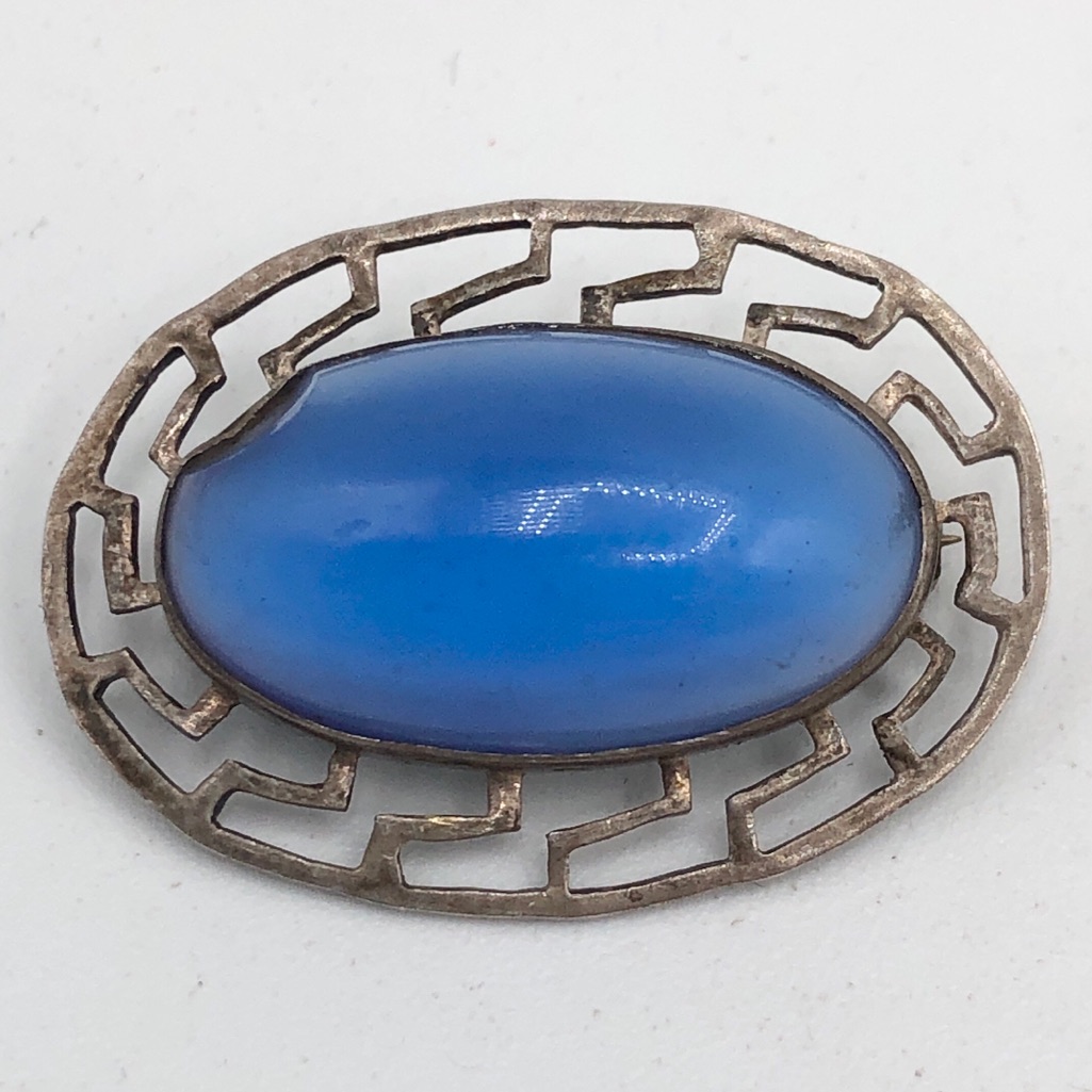 Vintage Sterling Moonstone Art Glass Brooch Pin
